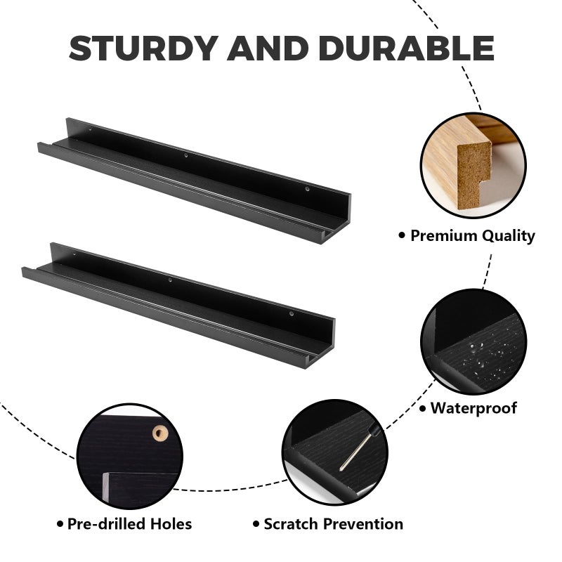 Muzilife 35.4" Large Floating Wall Ledge Shelves with Lip - Set of 2 Wood Floating Shelves - Black Wall Mounted Picture Ledge for Office, Bathroom, Bedroom, Living Room, Kitchen - Image 4